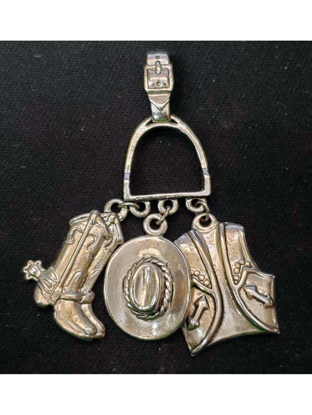 Vintage 1990s Avon Silver Tone Western Cowgirl 3-Charm Stirrup Pendant